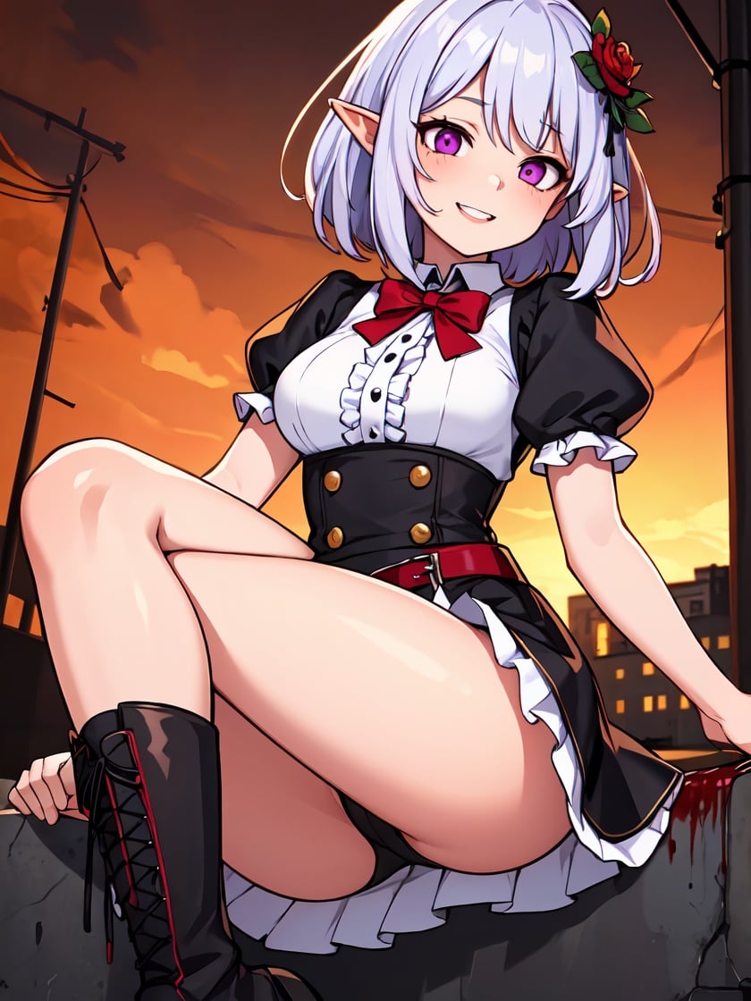 (masterpiece), best quality, high resolution, extremely detailed, detailed background, cinematic lighting, outdoor, 1girl, elf, medium hair, silver hair, crossed bangs, purple eyes, medium breasts, white shirt, black dress, drastic hair ornaments, skirt, frills, lace rims, frilled sleeves, frilled skirt, thighhigh, ankle boots, yandere, yandere face, shaded face, crazy eyes, glowing eyes, crazy smile, blood, blood on face, blood on clothes, hands on own cheeks,, (full color:1.5)