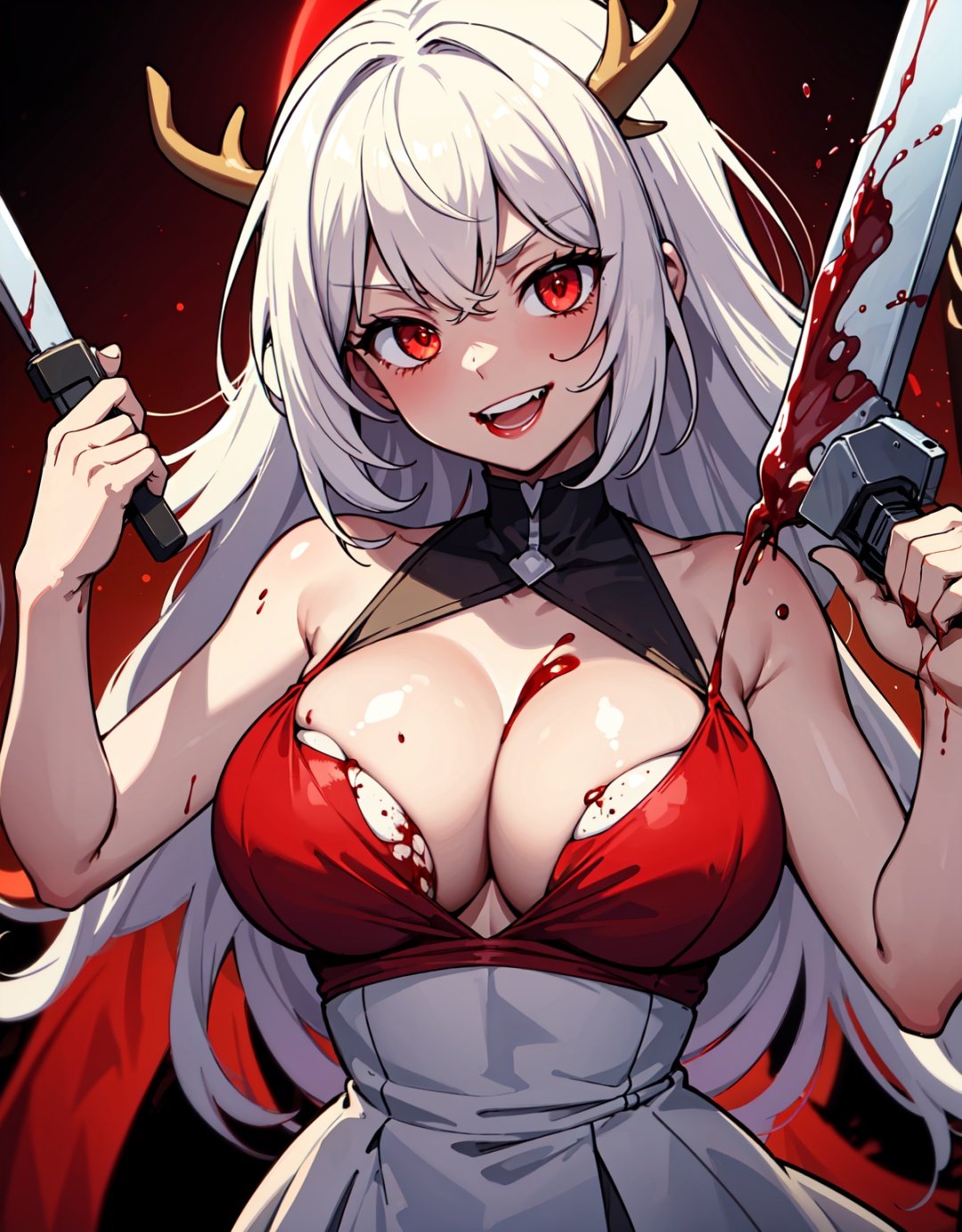 masterpiece, best quality, 1girl, windigo girl, bloody antlers, psychotic, crazy, holding a knife, wearing a white dress, with white hair, messy hair, big boobs, red glowing eyes, big smile, bleeding, with blood stains on her dress, with blood stains on her skin, menacing pose, dark background, night time, glowing blood moon in the background, masterpiece,