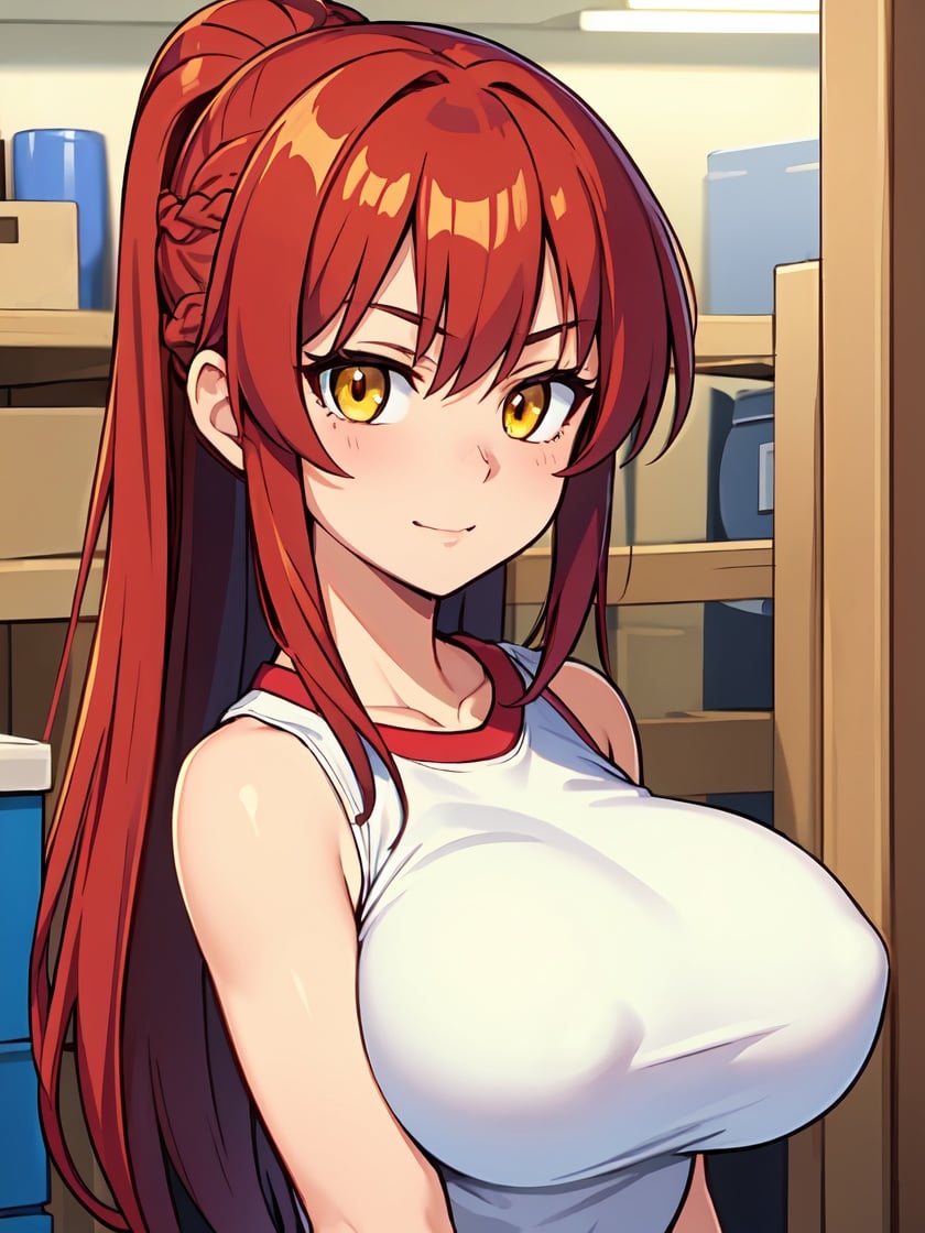 ((masterpiece)), (best quality), beautiful, extremely detailed face, perfect lighting,ultra-detailed,((expressionless)),((cold attitude)),((tsurime)),((tareme)),breasts,((Mature female)),((gym storeroom))makima, long hair, smile, bangs, (big breasts:1.2), (yellow eyes:1.2), braid, red hair, braided ponytail, ringed eyes,1girl, face, close-up