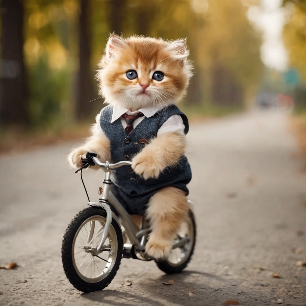 cinematic film still  a photo of a [cute kitten-boy hybrid|kitten-man hybrid]  is riding a bicycle,8k,[best quality],masterpiece,ultra-fine painting,ultra-fine painting,extreme detail description,<lora:jinjianceng-000005:0.5>,Bokeh,cool lighting,(fashion clothes:1.7),young style clothing,(cat in clothes:1.5),(no humans:1.6),motion blur,(hybrid:1.4),a little cat is riding a bicycle, <lora:add-detail-xl:1> . shallow depth of field, vignette, highly detailed, high budget, bokeh, cinemascope, moody, epic, gorgeous, film grain, grainy