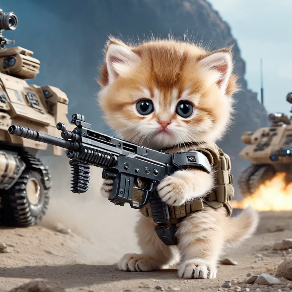 cinematic film still a photo of a [cute kitten-boy hybrid|kitten-man hybrid]  is a special forces soldier with a machine gun in hand,8k,[best quality],masterpiece,ultra-fine painting,ultra-fine painting,extreme detail description,<lora:jinjianceng-000005:0.6>,Bokeh,cool lighting,(fashion clothes:1.7),young style clothing,(kitten in clothes:1.8),(no humans:1.6),motion blur,(hybrid:1.4),stand,vignette,cable,mechanical parts,spine,android,(cyborg:1.7),science fiction,<lora:cyborg_style_xl:1>,manipulator,the kitten is a special forces soldier with a machine gun in hand,(the background is the future battlefield:2),there is a spaceship,prospect,large scene,(full body:1.4),panoramic view,war-ridden,(various shells and injured ground and buildings:1.4),(a large spaceship:1.4),(soldiers are coming out the back door:1.7),and robots,many soldiers,(damaged road surface:1.4),(uneven ground:1.7),tank,(helmeted:2.3),fully armed,(wearing a helmet:1.4), . shallow depth of field, vignette, highly detailed, high budget, bokeh, cinemascope, moody, epic, gorgeous, film grain, grainy