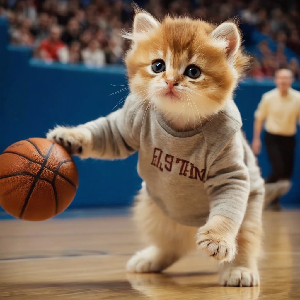 cinematic film still  a photo of a [cute kitten-boy hybrid|kitten-man hybrid]  is playing basketball,8k,[best quality],masterpiece,ultra-fine painting,ultra-fine painting,extreme detail description,<lora:jinjianceng-000005:0.5>,Bokeh,cool lighting,(fashion clothes:1.7),young style clothing,(cat in clothes:1.5),(no humans:1.6),motion blur,wear player clothing,run,(hybrid:1.4),jersy or sweater,basket baller,the background is the basketball stadium,dribbling | shooting | basketball flying man,dunk, . shallow depth of field, vignette, highly detailed, high budget, bokeh, cinemascope, moody, epic, gorgeous, film grain, grainy