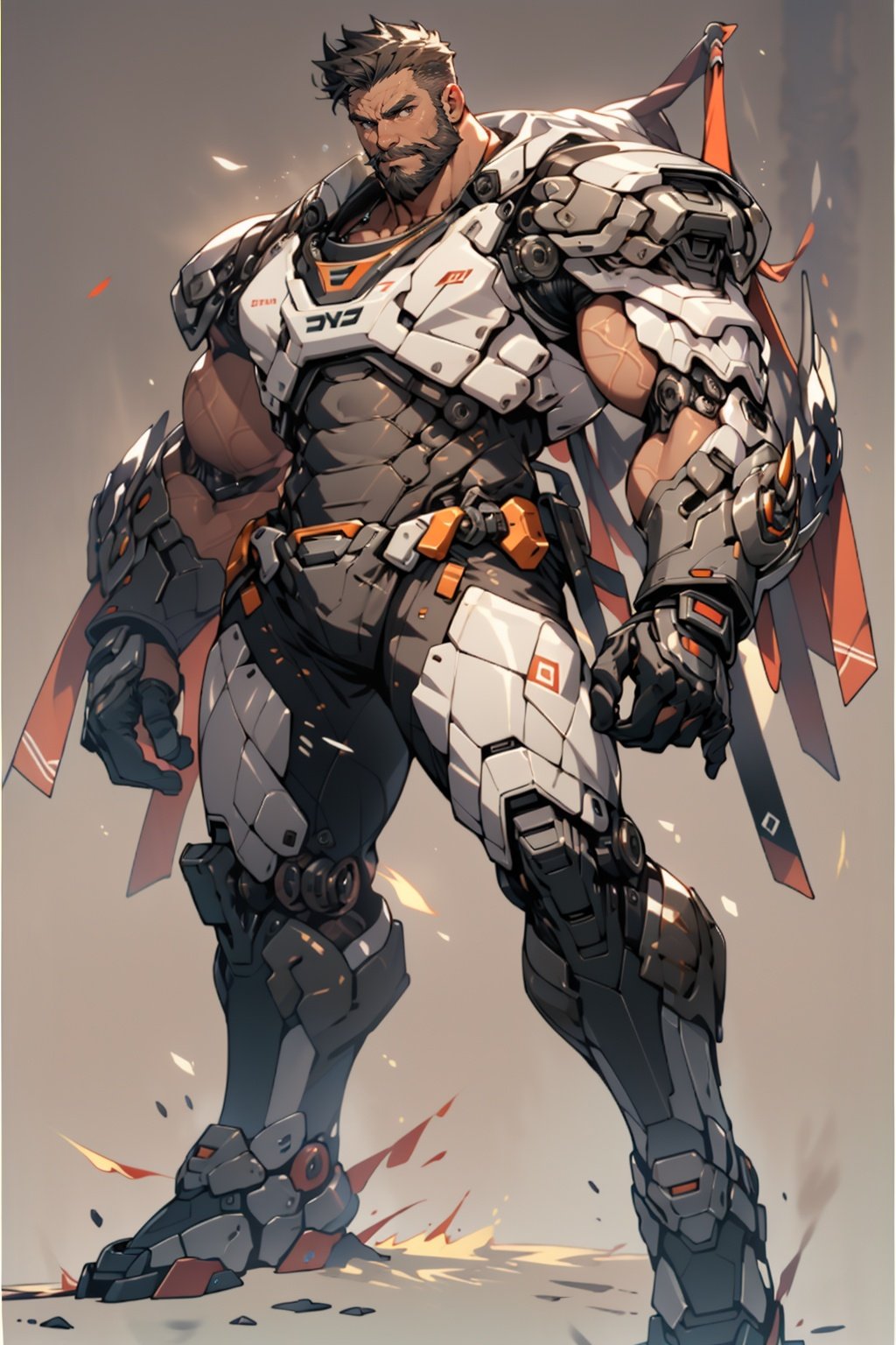 Best quality, masterpiece, ultra high res, detailed background, game_cg, 
mature male, muscular male, bara, thick thighs, thick arms, full body, full shot, beard, (solo:1.3), looking at viewer, (pure simple background:1.3), (dynamic pose:1.3), machinery, Mecha, 