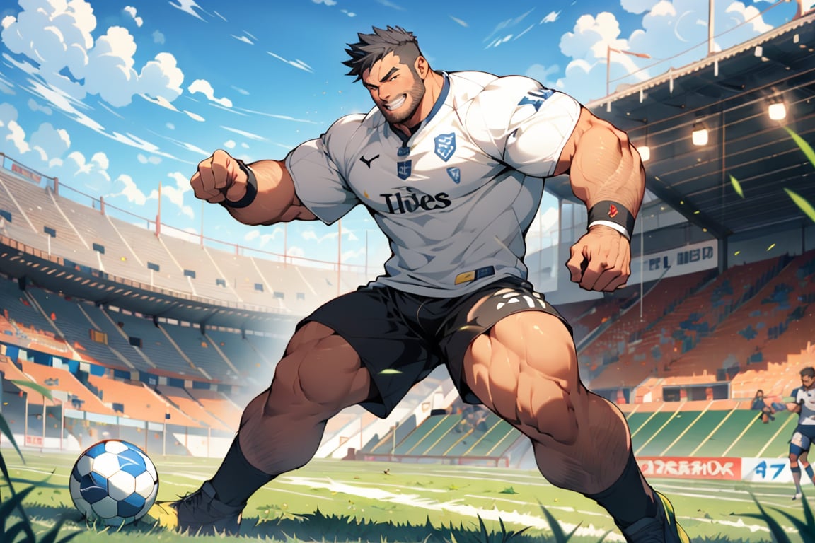 Best quality, masterpiece, ultra high res, detailed background, game_cg, 
mature male, muscular male, bara, thick thighs, thick arms, full body, full shot, (solo:1.3), 
(dynamic pose:1.3), grass, white soccer long socks, soccer, football field, topless, large breasts, abs,Muscular Male