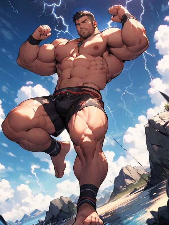 Best quality, masterpiece, ultra high res, detailed background, game_cg, muscular male, mature male, bara stocky, thick arms, thick thighs, Lightning, looking looking at viewer, lightning ball, lightning surround, Above the clouds, Airflow climbing, Magician, barefoot, (dynamic pose:1.3), <lora:HuggyMaleLora-10:0.7>, 