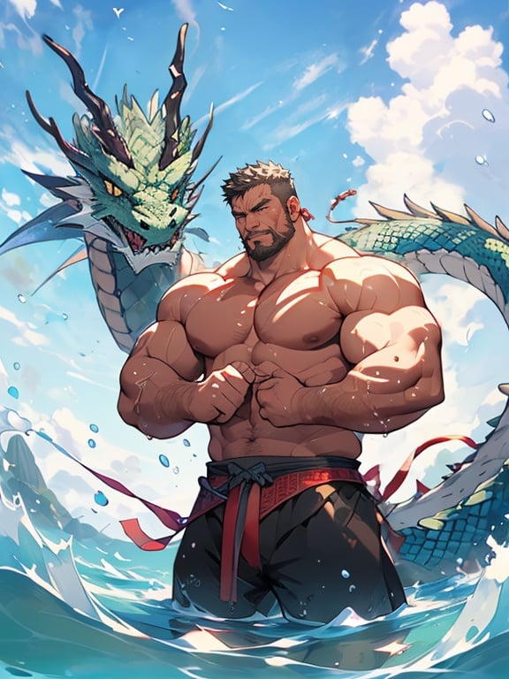 Best quality, masterpiece, ultra high res, detailed background, game_cg, solo, (mature male, Muscle Man), bara daddy, (topless:1.3), On the water, Lotus, lotus leaf, water ripple, Reflection, Sunshine, clouds, (A Chinese dragon surrounds:1.3), full body, dynamic pose, <lora:HuggyMaleLora-10:0.7>, 