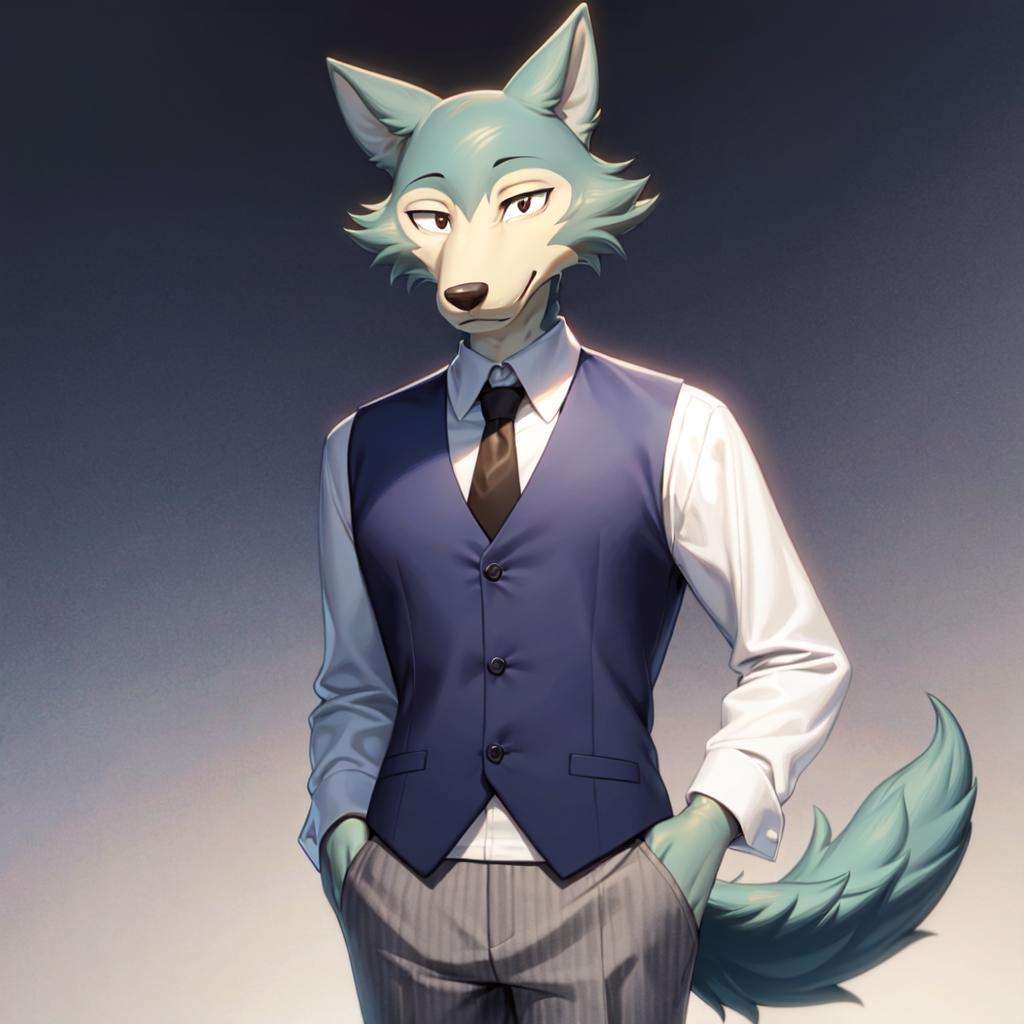 (best quality, masterpiece:1), furry male anthro legoshi wolf, solo, standing, grey hands, body fur, white dress shirt, grey necktie, blue vest, striped pants, long sleeves, looking at viewer, smile, closed mouth, abstract background, detailed octane render,  black eyes, small pupils, tail, <lora:legoshi-v2-locon:1.0>