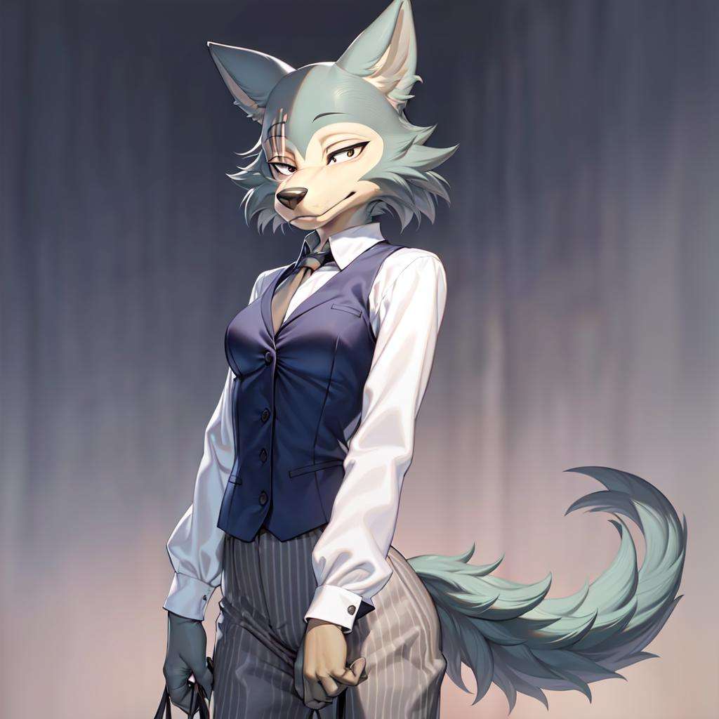 (best quality, masterpiece:1), furry female anthro legoshi wolf, solo, standing, grey hands, medium breasts, body fur, white dress shirt, grey necktie, (eye scar:1.1), blue vest, striped pants, long sleeves, looking at viewer, smile, closed mouth, abstract background, detailed octane render,  black eyes, small pupils, tail, <lora:legoshi-v2-locon:1.0>