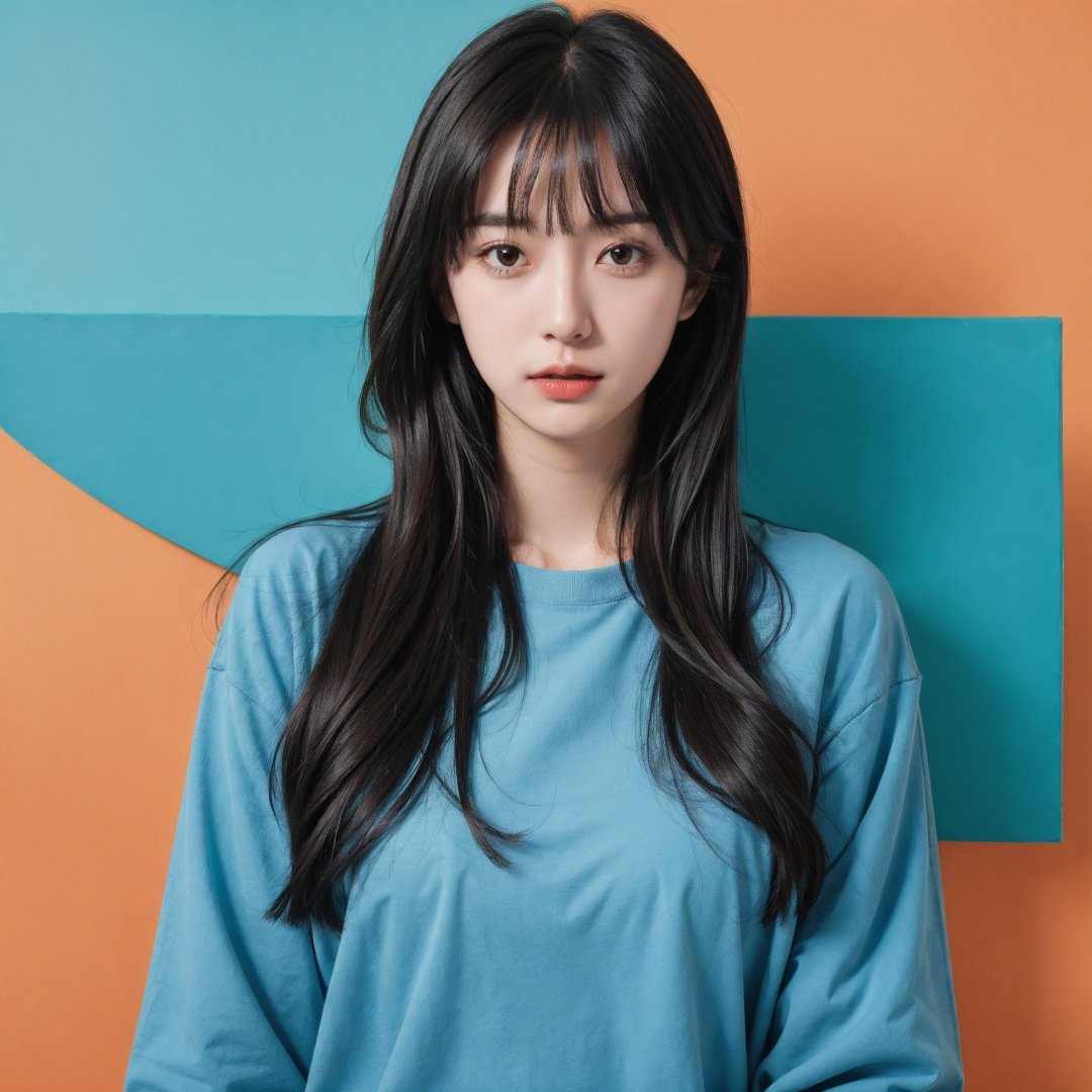 1girl,moyou,solid background,orange background,blue clothes,