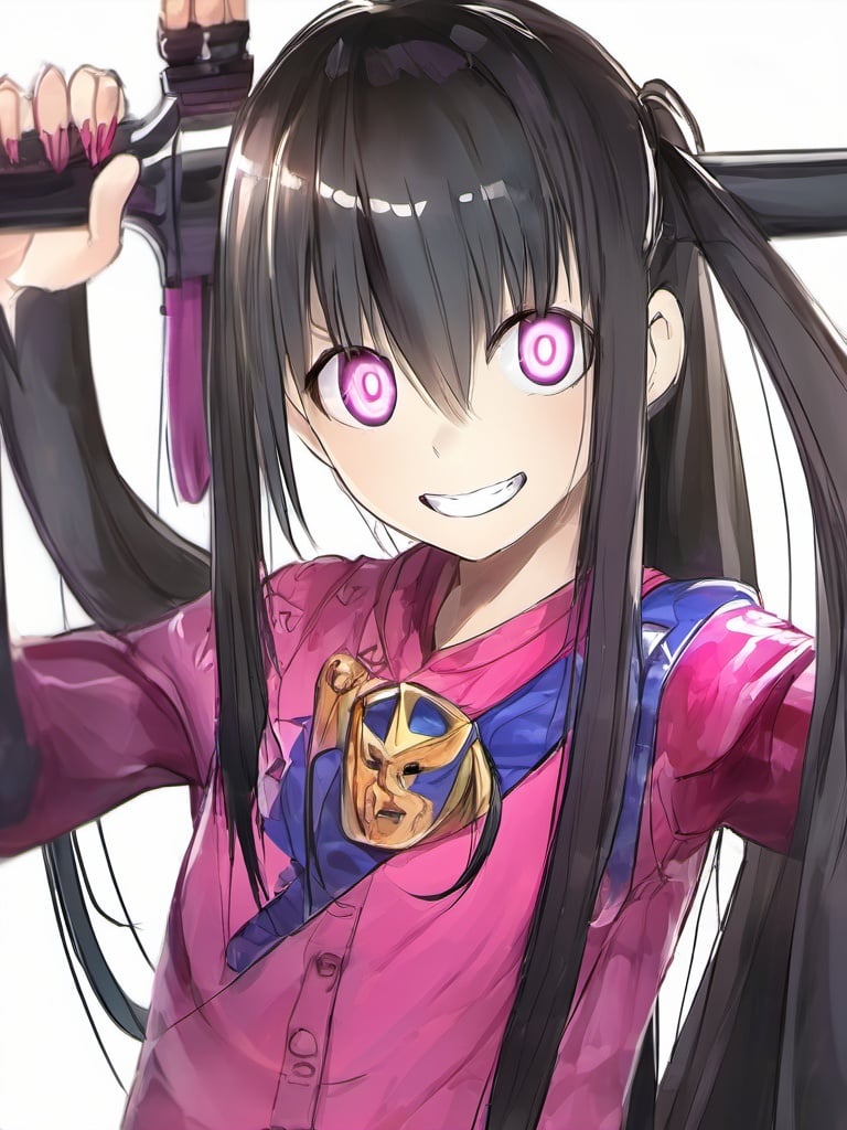 a perfect photo of a young girl, masterpiece, solo, 1girl, long hair, solo, black hair, smile, nail polish, looking at viewer, pink eyes, very long hair, bangs, covered navel, weapon, collarbone, holding, white background, hair ornament, purple eyes, sidelocks, skindentation, upper body, simple background, armpits, <lora:huafeng3:1>