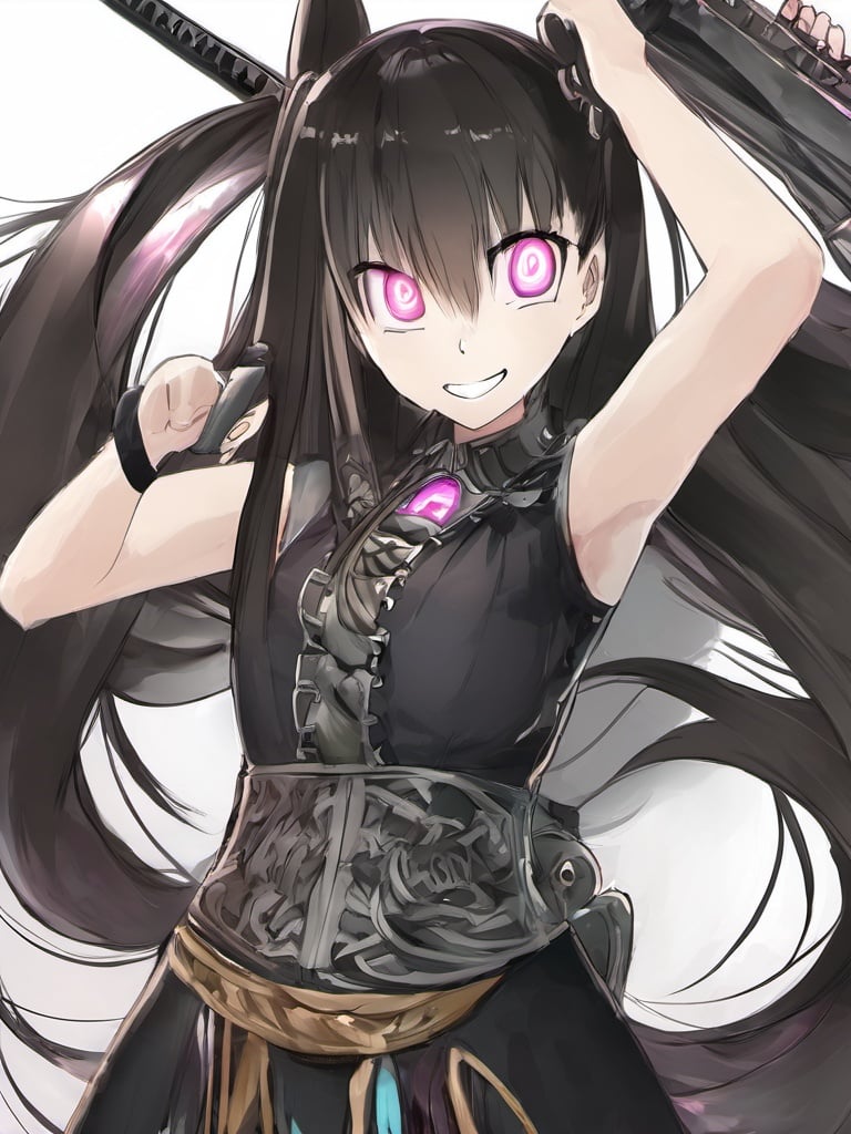 a perfect photo of a young girl, masterpiece, solo, 1girl, long hair, solo, black hair, smile, nail polish, looking at viewer, pink eyes, very long hair, bangs, covered navel, weapon, collarbone, holding, white background, hair ornament, purple eyes, sidelocks, skindentation, upper body, simple background, armpits, <lora:huafeng3:1>