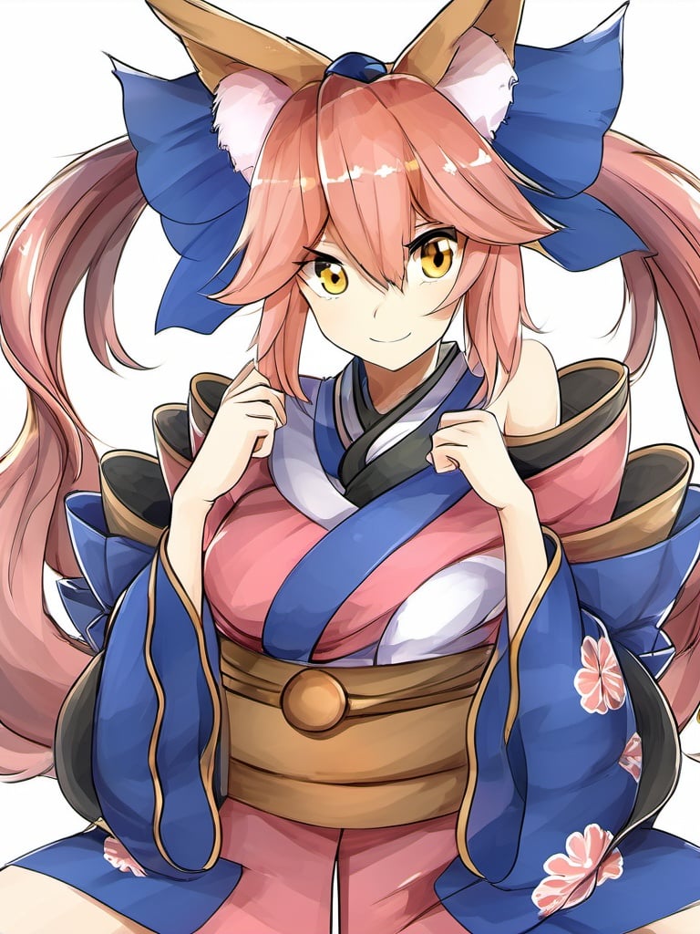 a perfect photo of a young girl, masterpiece, solo, 1girl, solo, japanese clothes, animal ears, fox ears, pink hair, looking at viewer, fox tail, yellow eyes, white background, long hair, simple background, smile, kimono, collarbone, hair bow, bow, ribbon, hair ribbon, blush, wide sleeves, twintails, closed mouth, animal ear fluff, <lora:huafeng3:1>