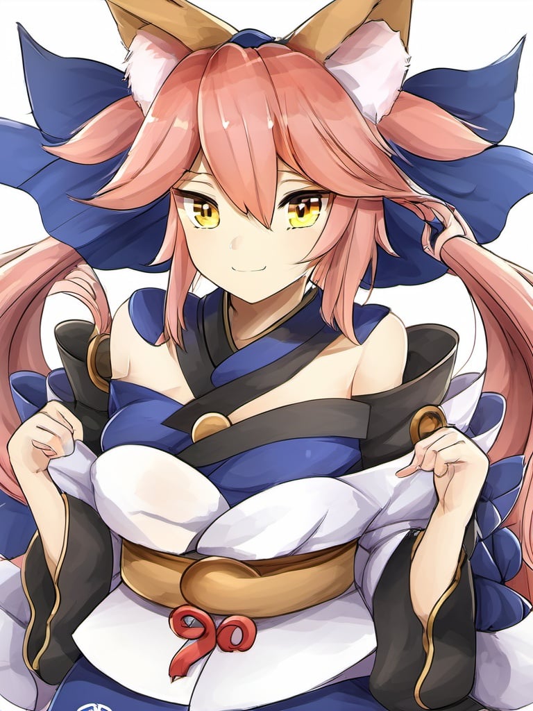 a perfect photo of a young girl, masterpiece, solo, 1girl, solo, japanese clothes, animal ears, fox ears, pink hair, looking at viewer, fox tail, yellow eyes, white background, long hair, simple background, smile, kimono, collarbone, hair bow, bow, ribbon, hair ribbon, blush, wide sleeves, twintails, closed mouth, animal ear fluff, <lora:huafeng3:1>