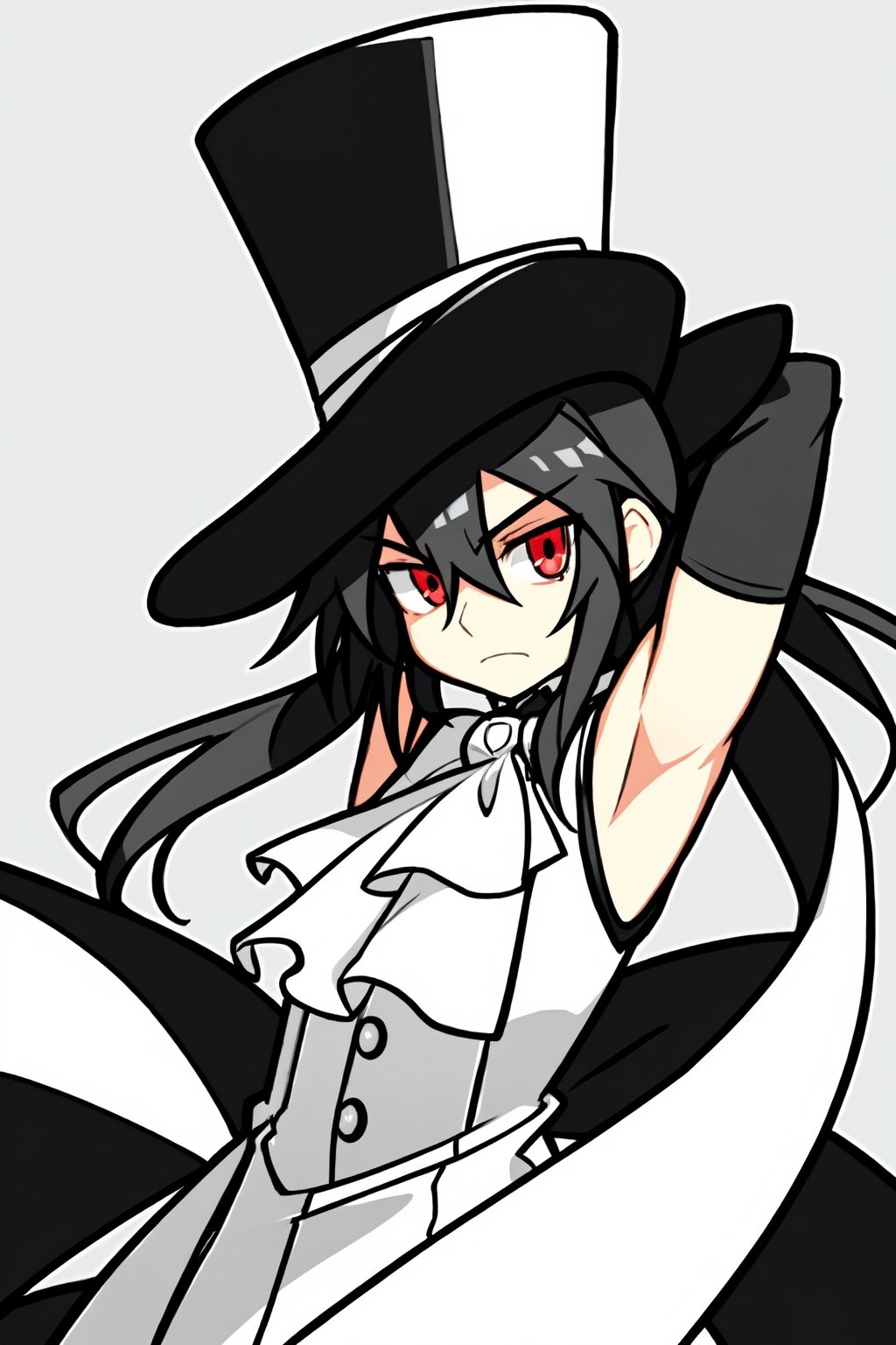 (best quality:1.2), (hyper detailed), cowboy shot, solo, other focus, 1other, testament \(guilty gear\), androgynous, expressionless, closed mouth, arms behind head, top hat, formal, ascot, fingerless gloves, bare shoulders
