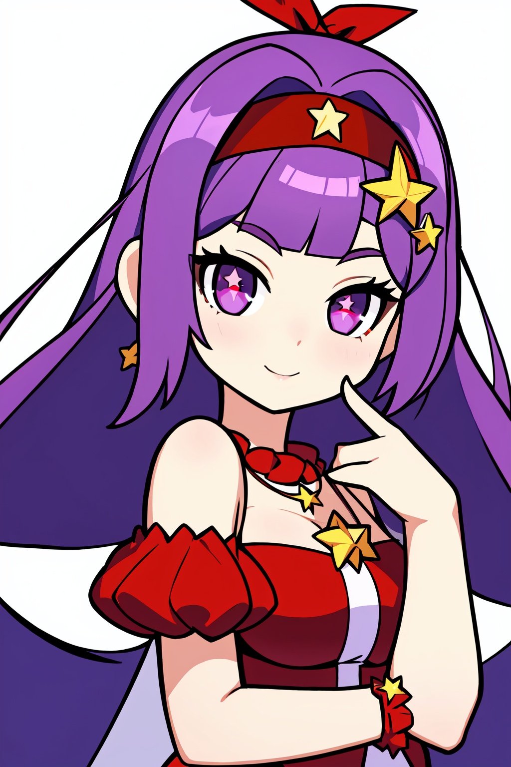 (best quality:1.2), (hyper detailed),(day),Simple White Background, Standing at attention, (red_dress:1.3) , puffy sleeves, short sleeves,purple Big Gem necklace,jewelry, (star_hair_ornament:1.5),(red_headband:1.5), purple hair, big eyes with purple eyes, long hair, sparkling eyes, symbol-shaped pupils, 1 girl, 20yo,Young female,Beautiful Finger,Beautiful long legs,Beautiful body,Beautiful Nose,Beautiful character design, perfect eyes, perfect face,expressive eyes,perfect balance, looking at viewer,(Focus on her face),closed mouth, (innocent_big_eyes:1.0),Light_Smile, official art,extremely detailed CG unity 8k wallpaper, perfect lighting,Colorful, Bright_Front_face_Lighting,shiny skin, (masterpiece:1.0),(best_quality:1.0), ultra high res,4K,ultra-detailed, photography, 8K, HDR, highres, absurdres:1.2, Kodak portra 400, film grain, blurry background, bokeh:1.2, lens flare, (vibrant_color:1.2),professional photograph, (Beautiful,Breasts), (beautiful_face:1.5),(narrow_waist),