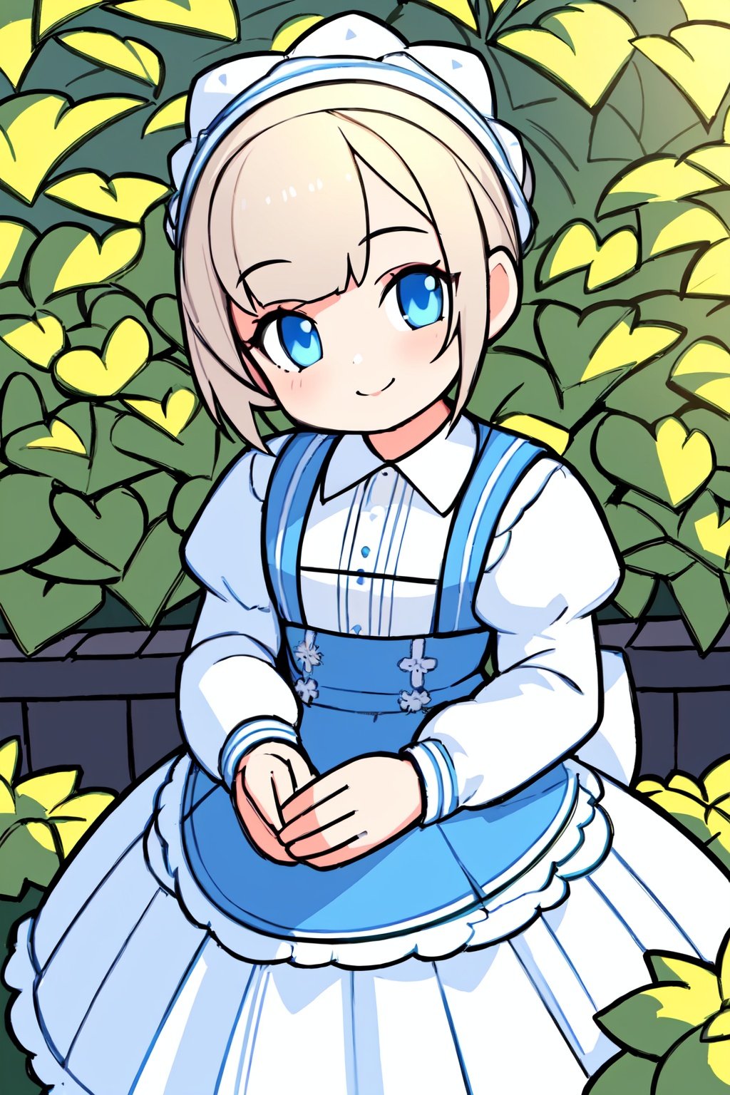 (best quality:1.2), (hyper detailed),(exceptional, best aesthetic, new, newest, best quality, masterpiece, extremely detailed), 1girl, solo, pinafore_dress, white_shirt, blue_jacket, smile, looking_at_viewer, garden