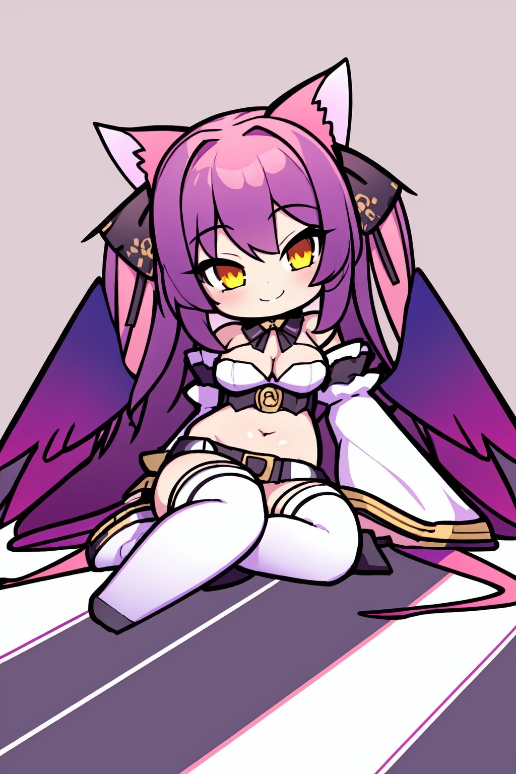 (best quality:1.2), (hyper detailed),(masterpiece, best quality:1.2), solo, 1girl, ggdizzy, smile, looking at viewer, sitting, hair ribbon, detached sleeves, wide sleeves, underwear, thighhighs, thigh strap, choker, belt, asymmetrical wings, tail, tail ornament, bare shoulders, navel, cleavage