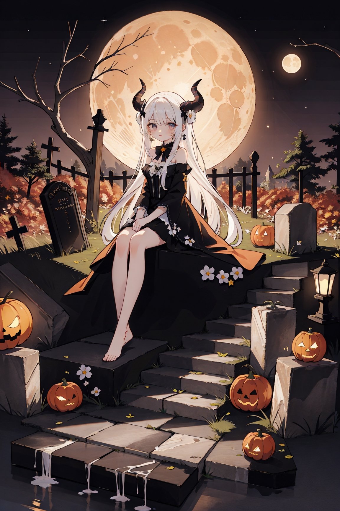 (masterpiece, best quality, highres:1.1), ultra resolution image, (solo), (1girl), long hair, dress, bow, sitting, very long hair, white hair, horns, barefoot, black dress, tree, night, bird, moon, grass, cross, fire, full moon, halloween, skull, lantern, fence, jack-o'-lantern, pumpkin, bare tree, tombstone, graveyard