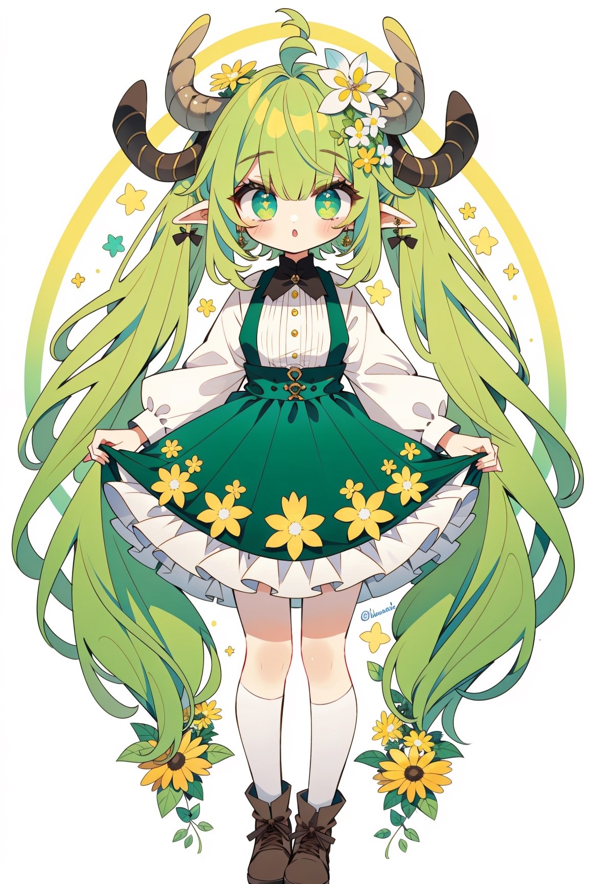 (masterpiece, best quality, highres:1.3), ultra resolution image, (1girl), (solo), Design an outfit that captures the graceful yet fierce essence of a deer horns, very_long_hair, light green hair,light green eyes,green dress with flower decoration, blending natural hues and angular elements to create a unique and captivating look for a girl, full_body, brown, horn outfit, horn deer outfit, white_background, niji, Circle