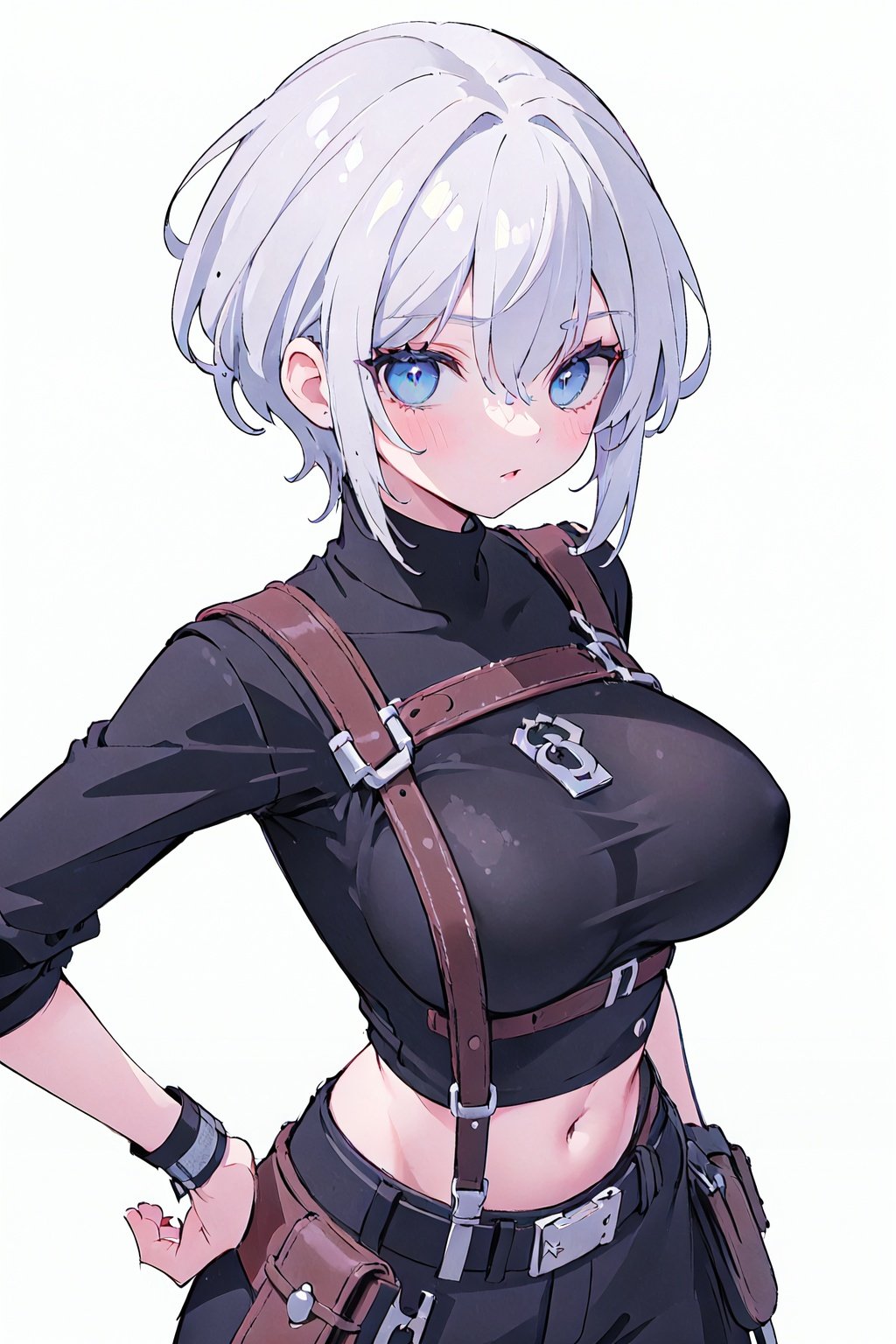 (masterpiece, best quality, highres:1.3), ultra resolution image, (1girl), (solo), (short guy's hair, tomboy:1.2), gray hair, blue eye, breast, black harness belt, navel, black turtleneck, white crop top, girl friend, looking at viewer, mature body, tempting, lean forward, super close up, head forward, front view, breast forward, top view, head close up, dynamic pose