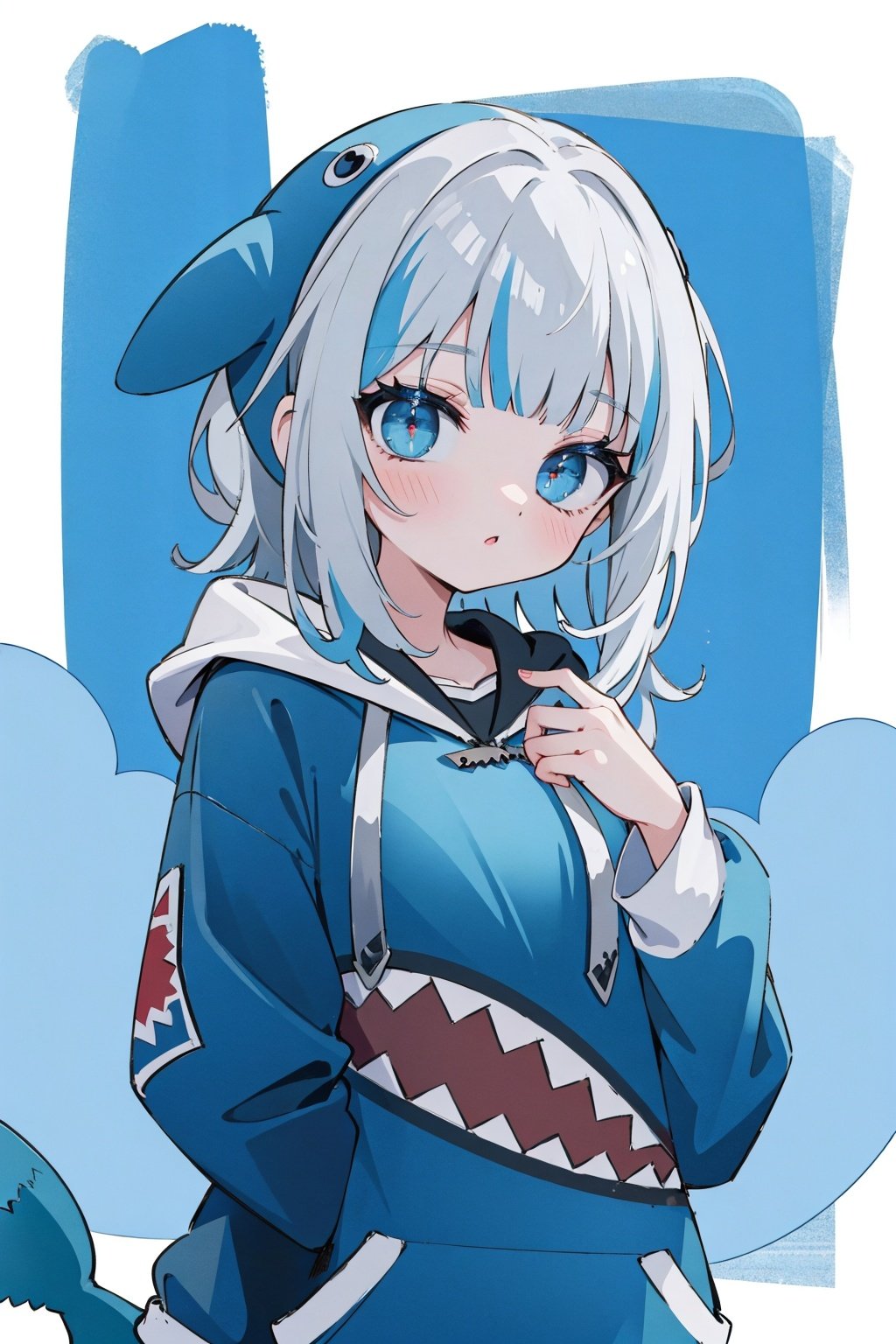 (masterpiece, best quality, highres:1.3), ultra resolution image, (1girl), (solo), gawr gura, blue hoodie, shark hood, upper body, :)