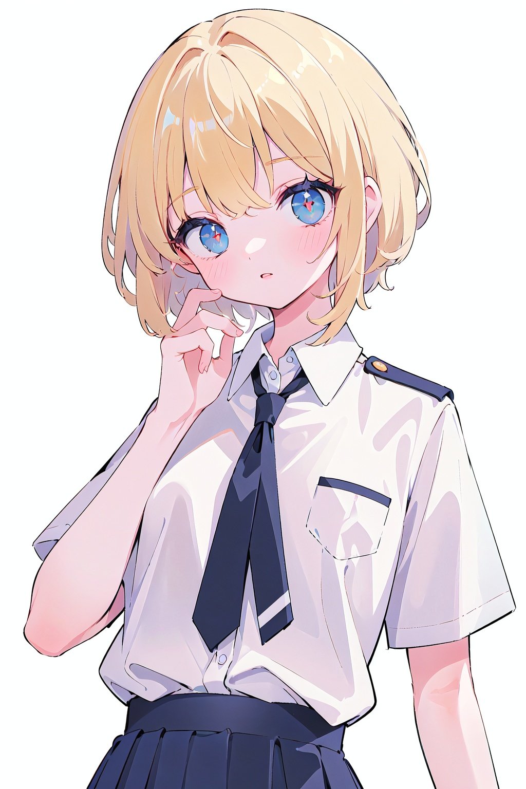 (masterpiece, best quality, highres:1.3), ultra resolution image, (1girl), (solo), (short guy's hair, tomboy:1.2), school_girl, school_uniform, blond_hair, upper body,