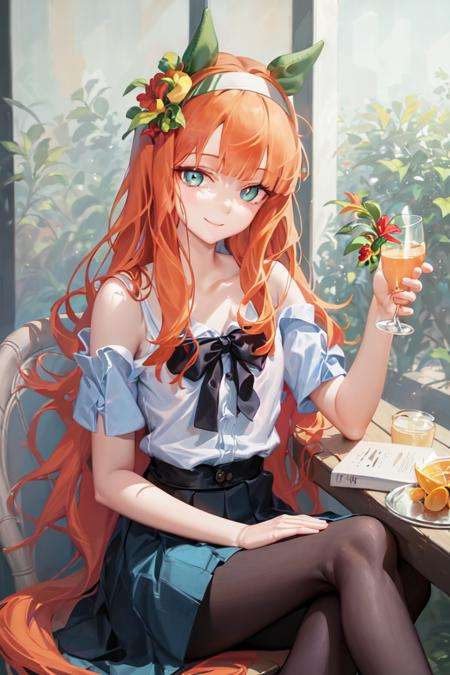 masterpiece, best quality,silence suzuka \(umamusume\),hair flower, black pantyhose, pleated skirt, blue skirt, white shirt, short sleeves, light smile,drinking, holding cup, sitting on chair,<lora:silence_suzuka_lora:0.8>