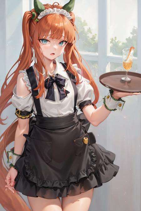 masterpiece, best quality,silence suzuka \(umamusume\),twintails, alternate hairstyle, waitress, alternate costume, apron, holding tray, open mouth, wrist cuffs, short sleeves, maid headdress, puffy sleeves,black clothes,cowboy shot,<lora:silence_suzuka_lora:0.8>