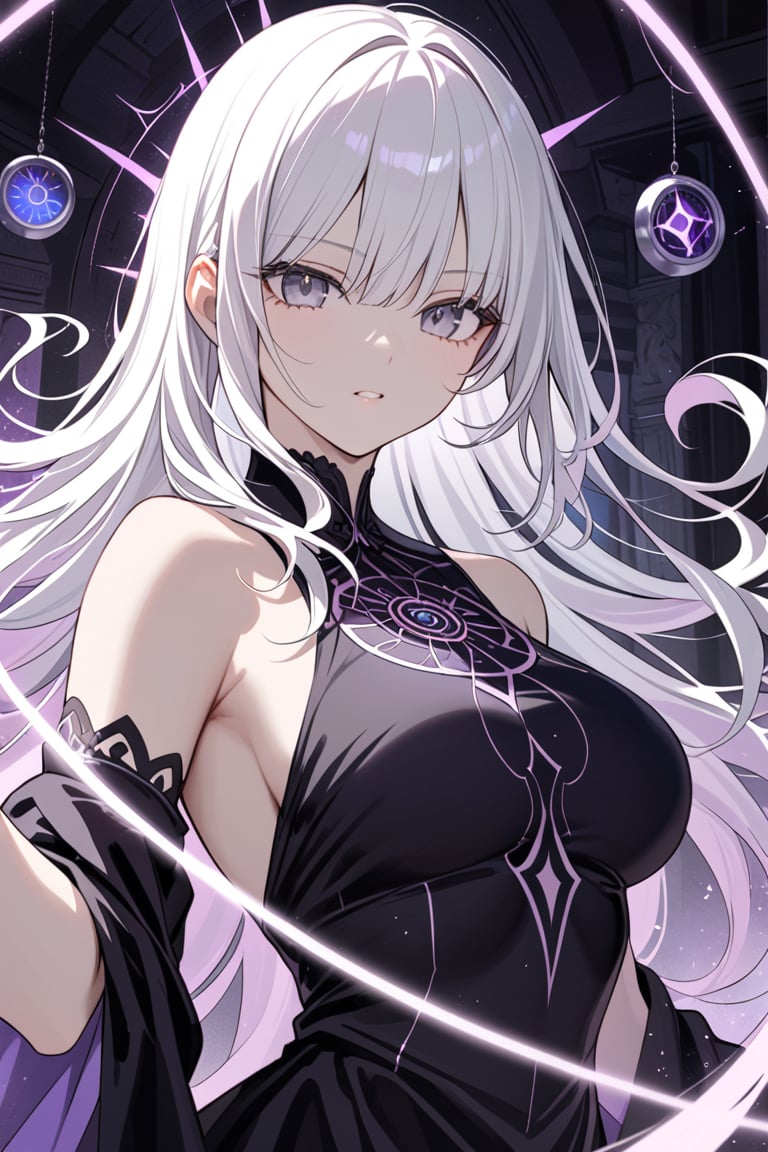 portrait, close up, bust, 1woman, ((long white hair)), grey eyes, goddess, determined, black and purple magic, dynamic pose, black dress], masterpiece, best quality,aesthetic,more detail XL, pastel colors, soft light, barefoot, in a temple, casting magic, magic circles, time magic, clocks,