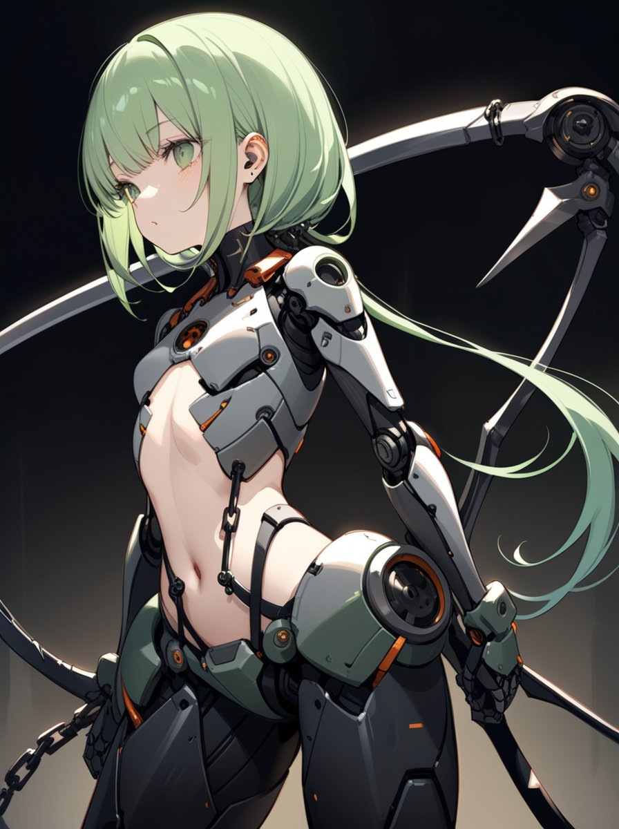 //quality
masterpiece, best quality, aesthetic, 
//Character
1girl, 
//Fashion
The illustration of the android girl shows her as a strange figure with (two mechanical chain scythes:1.3) extending from her back. Her appearance is decidedly unconventional. Her expression is blank, her willpower is palpable. Her face, however, is surprisingly lovely, resembling that of a beautiful young girl.
Her mechanical body features a skin-like surface that resembles steel, offering a smooth texture yet conveying a sense of robustness. Some parts of her body expose fine gears and wires, hinting at a complex mechanical structure beneath. Instead of muscles and a skeletal framework, her body incorporates mechanical parts, giving her a distinctly alien appearance compared to a human body.
Battle suit, Steel battle skirts, (mechanical skirts:1.3),
//Background 
(watercolor:0.6), ,more detail XL
dark background