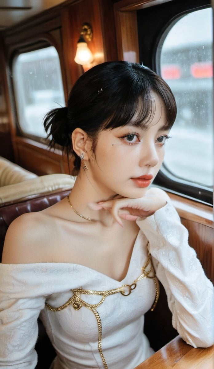 xxmix_girl,,a woman with short light color hair, wearing a vintage off-shoulder, leaning forward toward window, in a vintage train, it is raining outside,lalalalisa_m