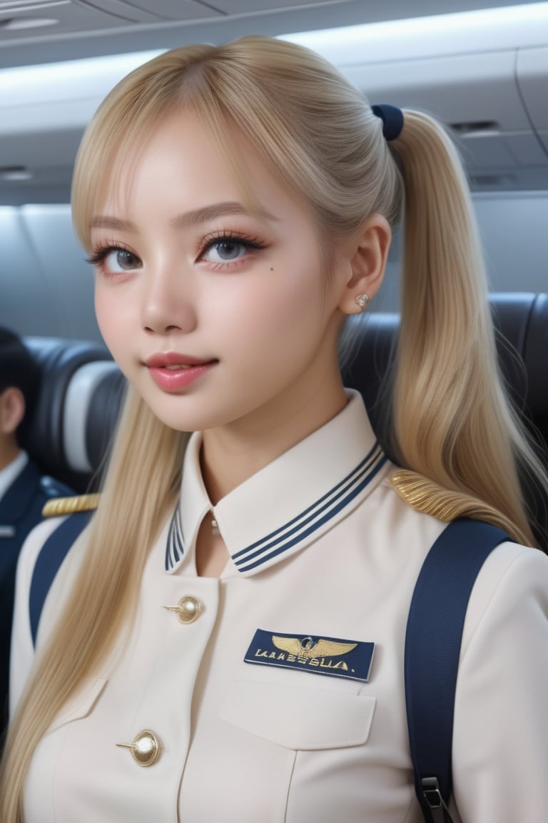 Habsome stewardess with long blonde hair and a ponytail in stewardess uniform,flirting,photo realistic,4k details,ultra details,dynamic lighting,cinematic,8k ultra fine detail,masterpiece,elina,Movie Still,lalalalisa_m