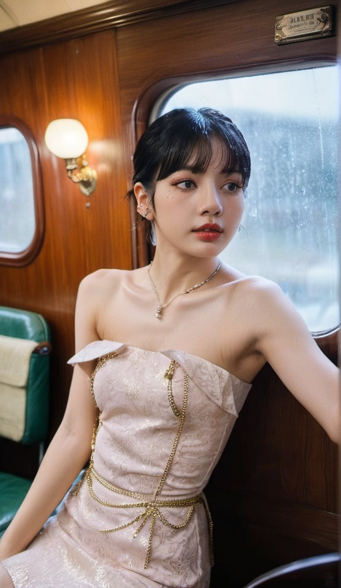 xxmix_girl,,a woman with short light color hair, wearing a vintage off-shoulder, leaning forward toward window, in a vintage train, it is raining outside,lalalalisa_m