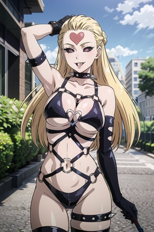 do-s_unmasked_aiwaifu,crazy_smile,tongue,sharp_teeth,teeth,white_skin,blonde_hair,very_long_hair,braid,black_sclera,large_breasts,heart,hair_ornament,black_flower,collarbone,forehead_mark,facial_mark,underboob,groin,heart,black_rose,black_collar,bondage_outfit,o-ring,thighhighs,gloves,thigh_strap,spikes,bdsm,spiked_collar,bare_shoulders,revealing_clothes,o-ring_top,black_gloves,arm_strap,o-ring_bikini,choker,black_bikini,masterpiece,best quality,ultra detailed, 8k, 4k,highly detailed, scenery,pose,solo,