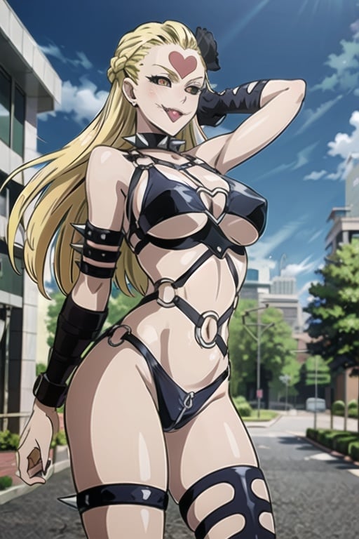 do-s_unmasked_aiwaifu,crazy_smile,tongue,sharp_teeth,teeth,white_skin,blonde_hair,very_long_hair,braid,black_sclera,large_breasts,heart,hair_ornament,black_flower,collarbone,forehead_mark,facial_mark,underboob,groin,heart,black_rose,black_collar,bondage_outfit,o-ring,thighhighs,gloves,thigh_strap,spikes,bdsm,spiked_collar,bare_shoulders,revealing_clothes,o-ring_top,black_gloves,arm_strap,o-ring_bikini,choker,black_bikini,masterpiece,best quality,ultra detailed, 8k, 4k,highly detailed, scenery,pose,solo,