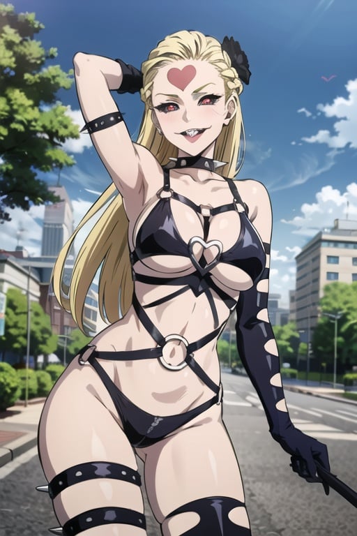 do-s_unmasked_aiwaifu,crazy_smile,tongue,sharp_teeth,teeth,white_skin,blonde_hair,very_long_hair,braid,black_sclera,large_breasts,heart,hair_ornament,black_flower,collarbone,forehead_mark,facial_mark,underboob,groin,heart,black_rose,black_collar,bondage_outfit,o-ring,thighhighs,gloves,thigh_strap,spikes,bdsm,spiked_collar,bare_shoulders,revealing_clothes,o-ring_top,black_gloves,arm_strap,o-ring_bikini,choker,black_bikini,masterpiece,best quality,ultra detailed, 8k, 4k,highly detailed, scenery,pose,solo,