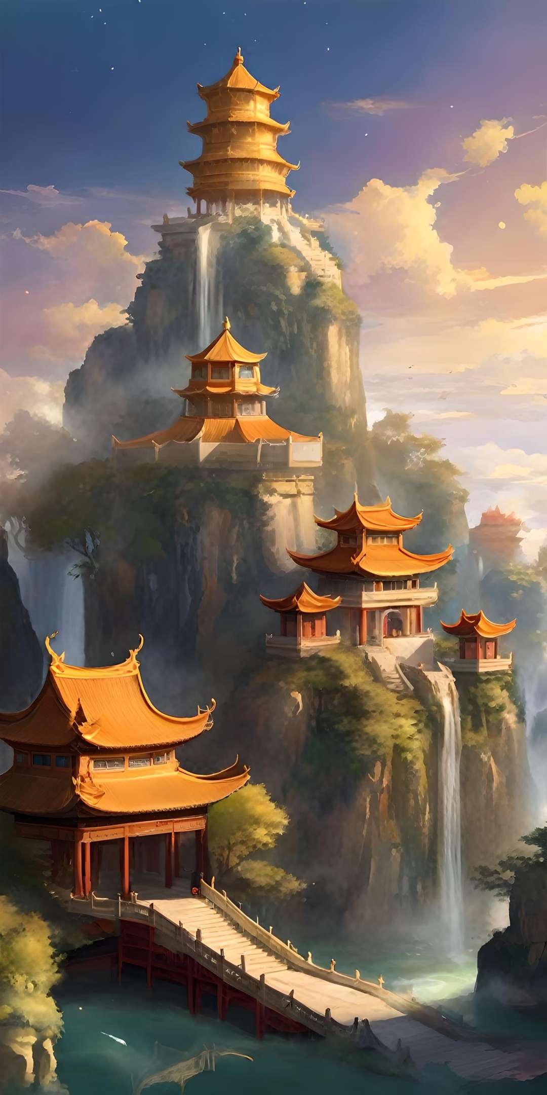 ethereal fantasy concept art of  buildings, chinese architecture, golden clouds,  <lora:PAseer-SDXL-金丝祥云:0.6> . magnificent, celestial, ethereal, painterly, epic, majestic, magical, fantasy art, cover art, dreamy