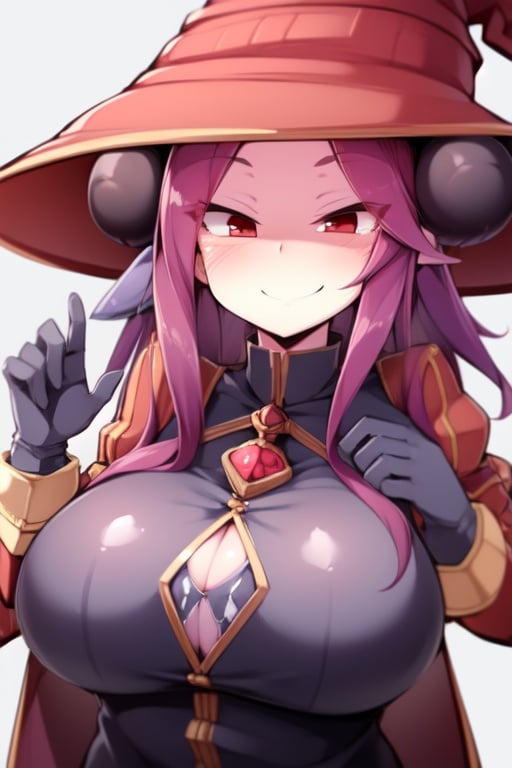 female_solo, curvaceous, masterpiece, big_breasts, defined, happy, clear_skin, glow, purple_hair, red_eyes, long_hair,  clear face, , MGQ_witch_succubus, red_clothes, jacket, white_gloves, witch_hat, wizard_hat, devious_smile, glass