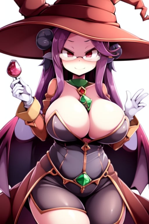 female_solo, curvaceous, masterpiece, big_breasts, defined, happy, clear_skin, glow, purple_hair, red_eyes, long_hair,  clear face, , MGQ_witch_succubus, red_clothes, jacket, white_gloves, witch_hat, wizard_hat, devious_smile, glass