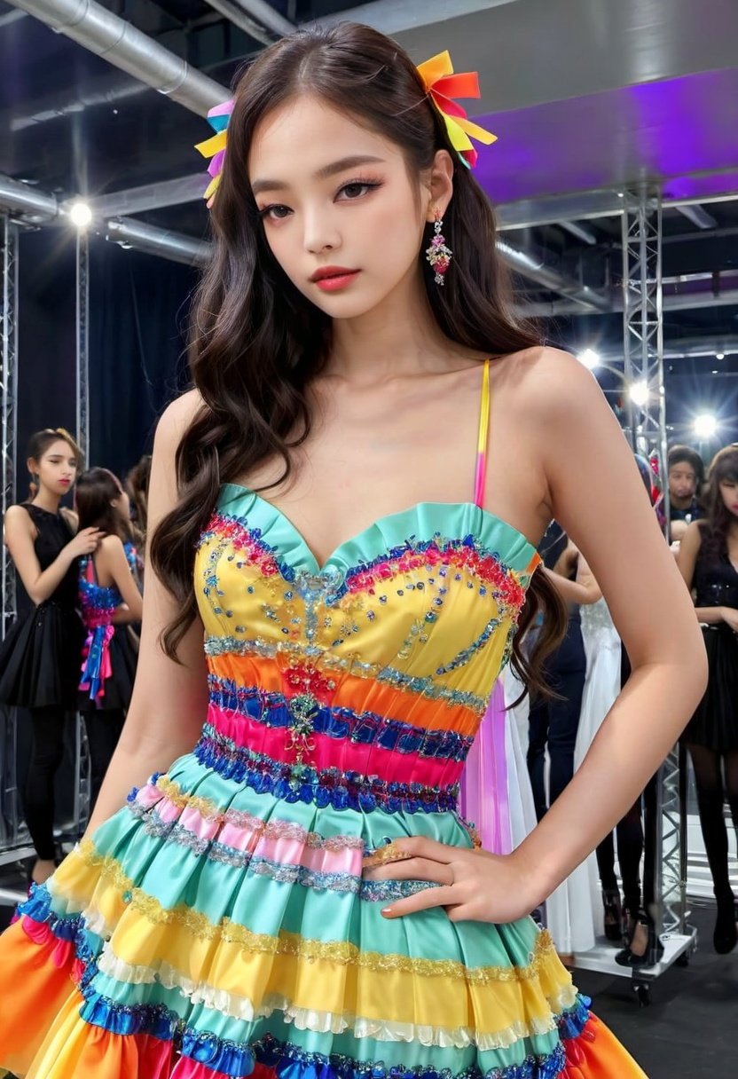 1girl, Stunningly Beautiful Girl, Haute_Couture, designer dress, wearing Haute_Couture, posing for a picture, fashion show, long ringlets, catwalk \(walkway\),  , colorful, vivid colors, masterpiece, best quality, absurdres, highest quality, amazing details, 8k, aesthetic,candyseul, full_body,jennierubyjenes
