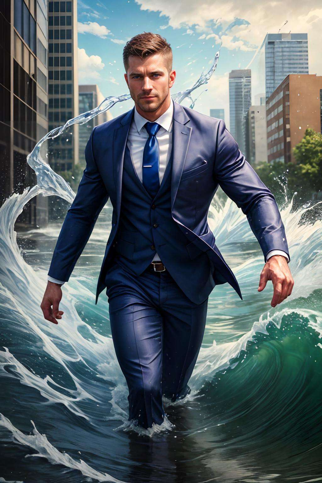 realistic, masterpiece, best quality, natural lighting, soft shadow, insane detail, detailed background, professional photography, depth of field, intricate, detailed face, subsurface scattering, realistic hair, realistic eyes, muscular, masculine, photo of a handsome man, hydr0mancer, water, splashing, hydrokinesis, business suit, necktie, city, street, (40 year old), casting water magic, swirling water,