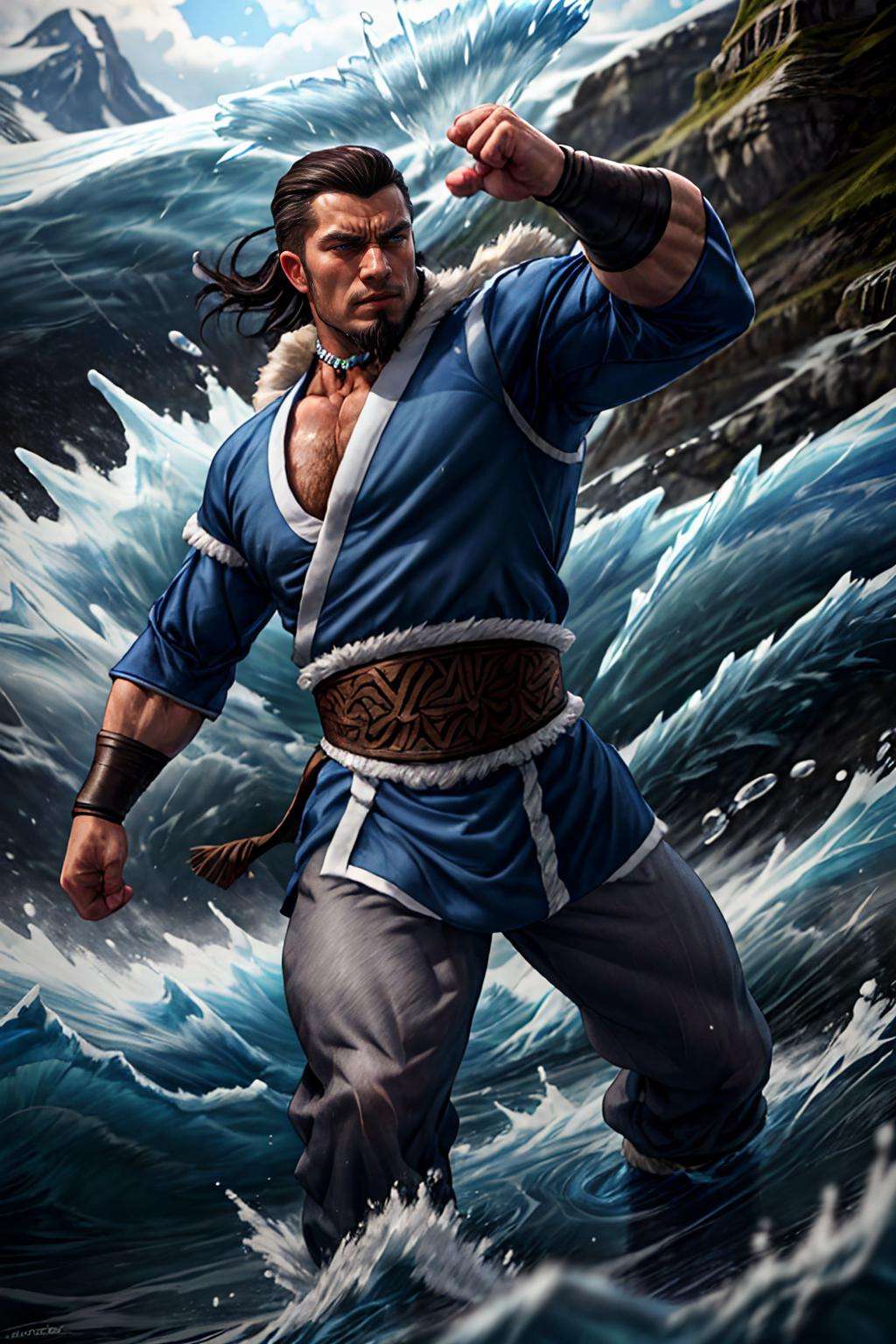 realistic, masterpiece, best quality, natural lighting, soft shadow, insane detail, detailed background, professional photography, depth of field, intricate, detailed face, subsurface scattering, realistic hair, realistic eyes, muscular, masculine, photo of a handsome man, hydr0mancer, water, hydrokinesis, splashing, fighting stance, open shirt, pants, martial arts, looking at viewer, Tonraq, blue coat, fur trim, belt, waistband, bracers, necklace, glacier, ocean, iceberg, 