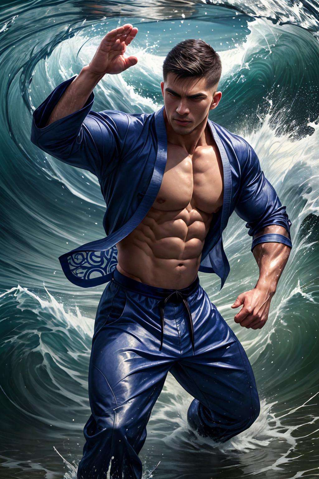 realistic, masterpiece, best quality, natural lighting, soft shadow, insane detail, detailed background, professional photography, depth of field, intricate, detailed face, subsurface scattering, realistic hair, realistic eyes, muscular, masculine, photo of a handsome man, hydr0mancer, water, waves, hydrokinesis, splashing, fighting stance, chinese clothes, open shirt, pants, lake, lotus, lily pad, martial arts, looking at viewer,