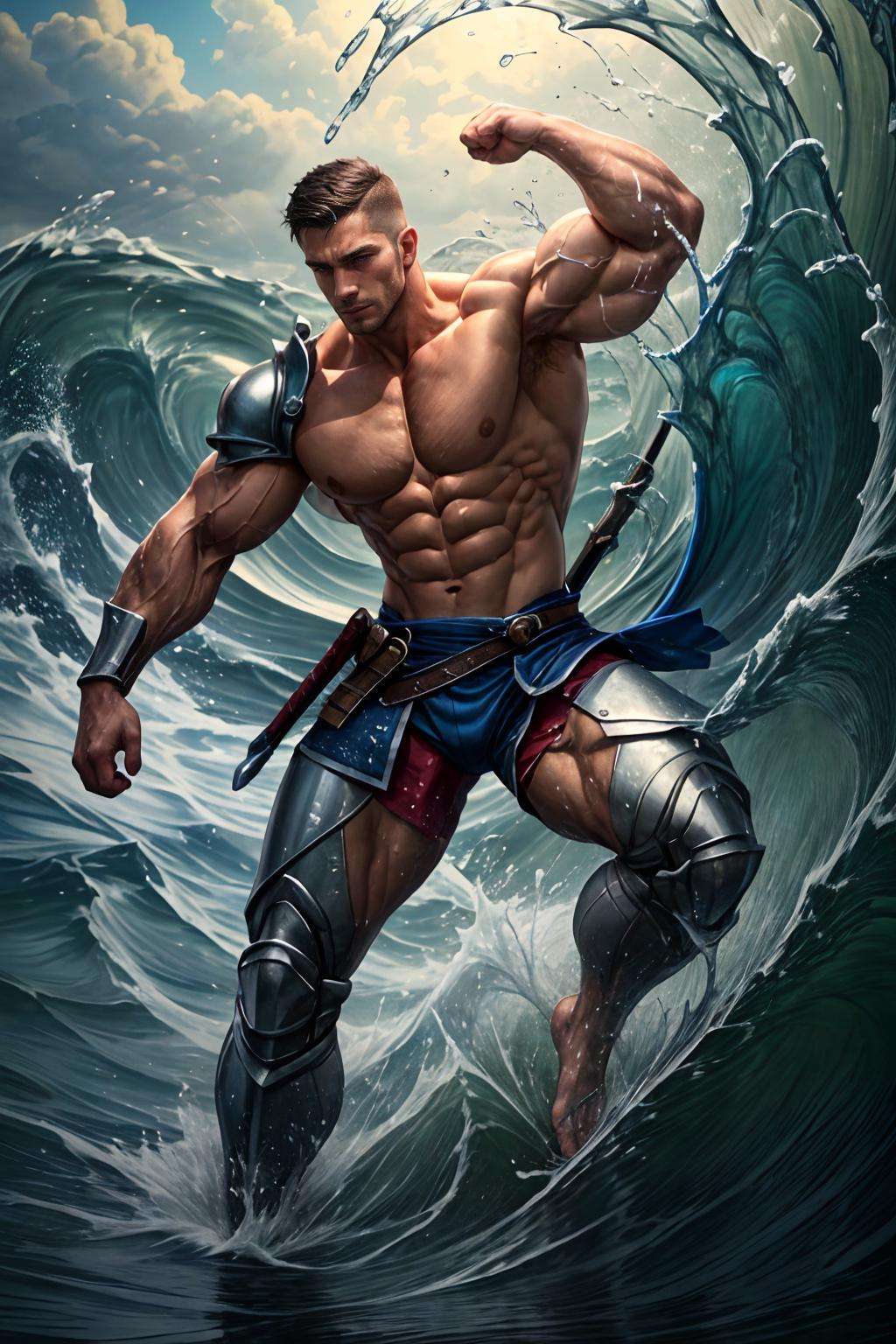 realistic, masterpiece, best quality, natural lighting, soft shadow, insane detail, detailed background, professional photography, depth of field, intricate, detailed face, subsurface scattering, realistic hair, realistic eyes, muscular, masculine, photo of a handsome man, hydr0mancer, water, splashing, hydrokinesis, full body, male focus, greaves, shoulder armor, holding sword, black hair, fighting stance, pectorals, abs, bracers,