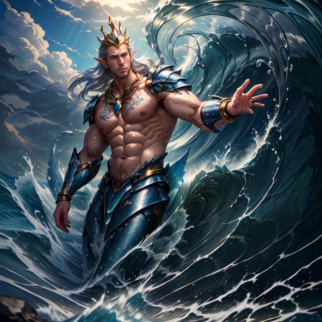 realistic, masterpiece, best quality, natural lighting, soft shadow, insane detail, detailed background, professional photography, depth of field, intricate, detailed face, subsurface scattering, realistic hair, realistic eyes, muscular, masculine, photo of a handsome man, hydr0mancer, water, wave, splashing, hydrokinesis, mechamerman, merman, monster boy, fins, floating hair, tattoo, crown, armor, bracelet, ring, shoulder armor, necklace, jewelry, sky, rock, ocean,