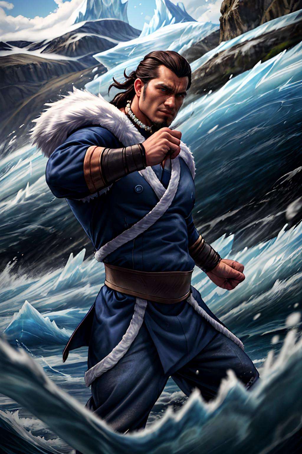 realistic, masterpiece, best quality, natural lighting, soft shadow, insane detail, detailed background, professional photography, depth of field, intricate, detailed face, subsurface scattering, realistic hair, realistic eyes, muscular, masculine, photo of a handsome man, hydr0mancer, water, splashing, fighting stance, open coat, pants, martial arts, looking at viewer, Tonraq, blue coat, fur trim, belt, waistband, bracers, necklace, glacier, ocean, iceberg,