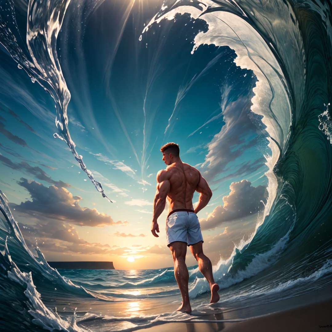 realistic, masterpiece, best quality, natural lighting, soft shadow, insane detail, detailed background, professional photography, depth of field, intricate, detailed face, subsurface scattering, realistic hair, realistic eyes, muscular, masculine, photo of a handsome man, hydr0mancer, water, splashing, hydrokinesis, beach, scenery, sand, (horizon), facing away, (wide shot:1.5), from behind, outdoors, sky, whirlpool, ((symmetry)), sunset, 1boy, solo, white open shirt, shorts, see-through,
