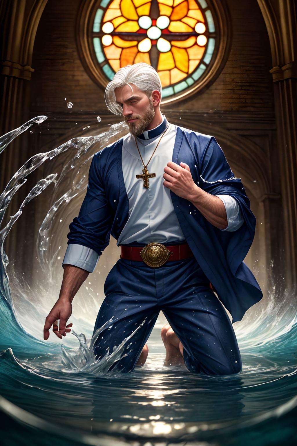 realistic, masterpiece, best quality, natural lighting, soft shadow, insane detail, detailed background, professional photography, depth of field, intricate, detailed face, subsurface scattering, realistic hair, realistic eyes, muscular, masculine, photo of a handsome man, hydr0mancer, water, splashing, hydrokinesis, beard, white hair, casting spell, swirling water magic, water orb, priest vestment, collar, shirt, pants, kneeling, wide shot, indoors, church, stained glass, window, sunlight, (symmetry),