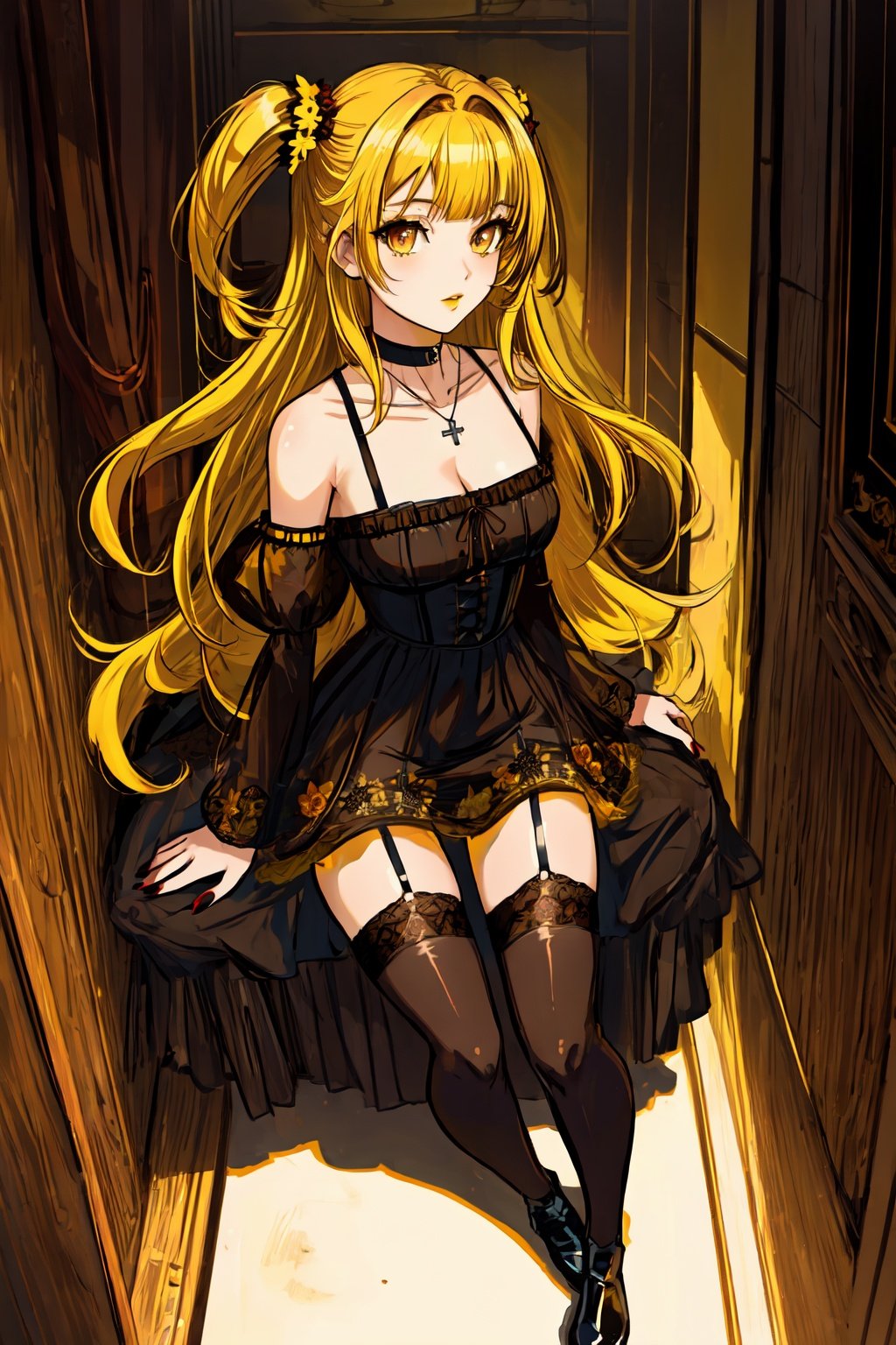 (best quality:1.2), (hyper detailed), long hair, bangs, (brown eyes:1.7), (yellow hair:1.5), blunt bangs, (two side up:1.5), red lips, lipstick, BREAK thighhighs, dress, jewelry, collarbone, boots, detached sleeves, choker, black thighhighs, necklace, black footwear, black dress, sleeveless dress, garter straps, black choker, short dress, floral print, cross, red nails, cross necklace, BREAK looking at viewer, BREAK indoors, (masterpiece:1.2), best quality, high resolution, unity 8k wallpaper, (illustration:0.8), (beautiful detailed eyes:1.6), extremely detailed face, perfect lighting, extremely detailed CG, (perfect hands, perfect anatomy),