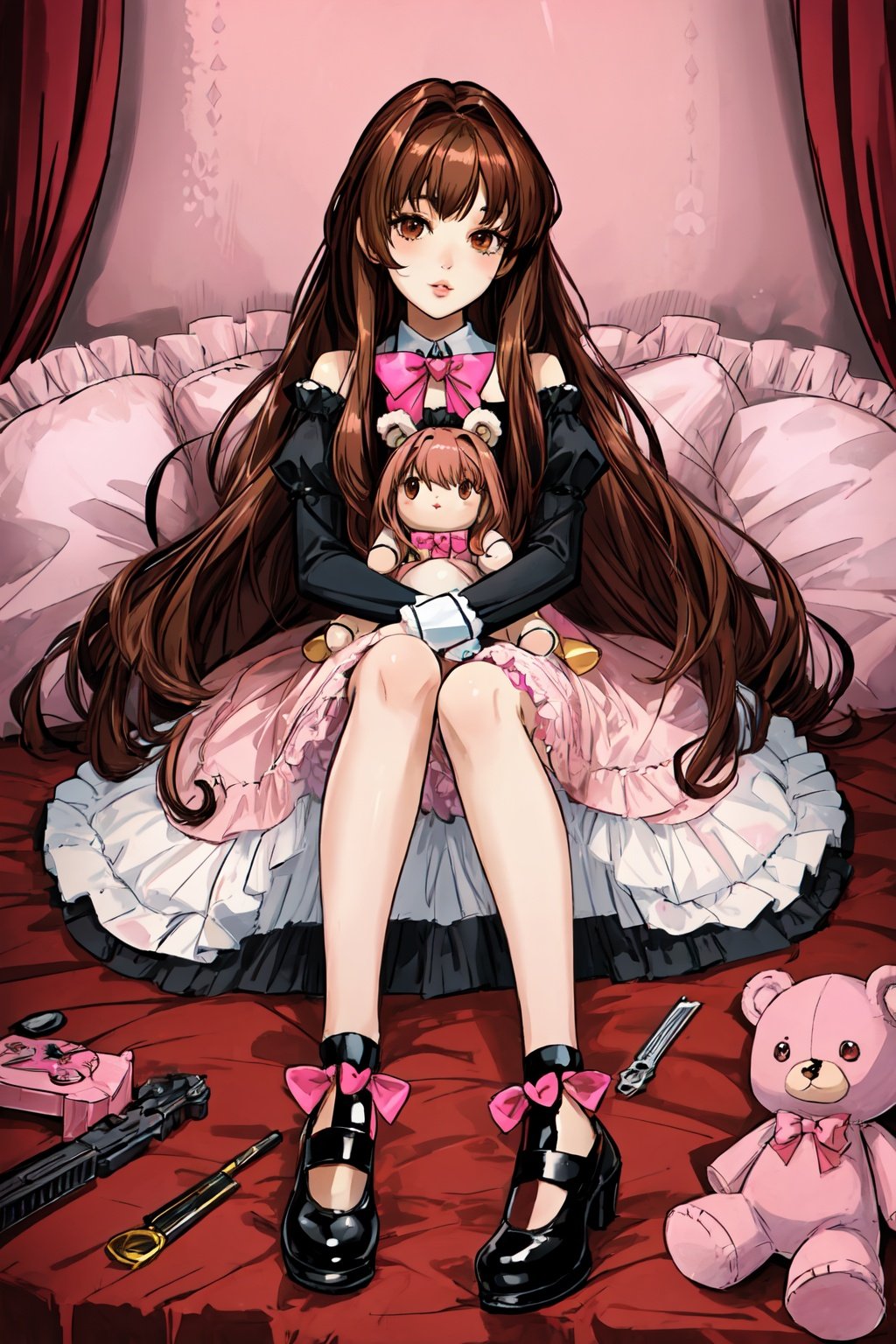 (best quality:1.2), (hyper detailed),1 girl, plush toy, plush animal, solo, teddy bear, (bow 1.2), realistic, long hair, pink doll dress, black wavy long hair, plush rabbit, shoes, dolls, toys, (pink doll dress 1.2), box, gun, brown hair, weapons, makeup, scissors, food, lips, brown eyes, instruments, heart